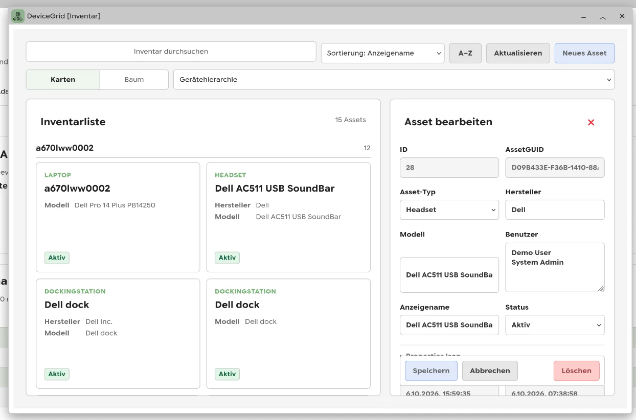 RADIX OS DeviceGrid: Gerätekarten für Laptop, Headset und Dockingstationen mit seitlicher Asset-Bearbeitung